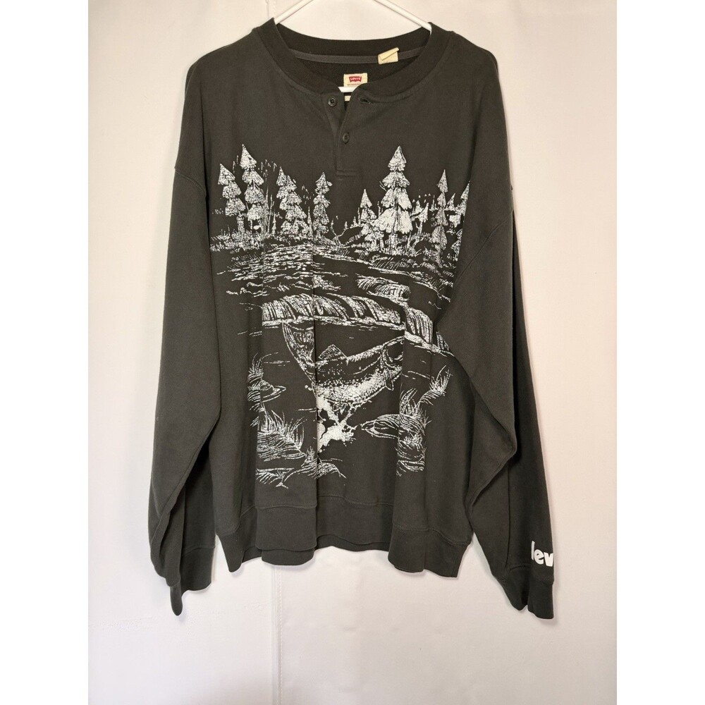 Levi's Men's Sz L Dark Green Fish Graphic Henley Sweatshirt Salmon Nature Print
